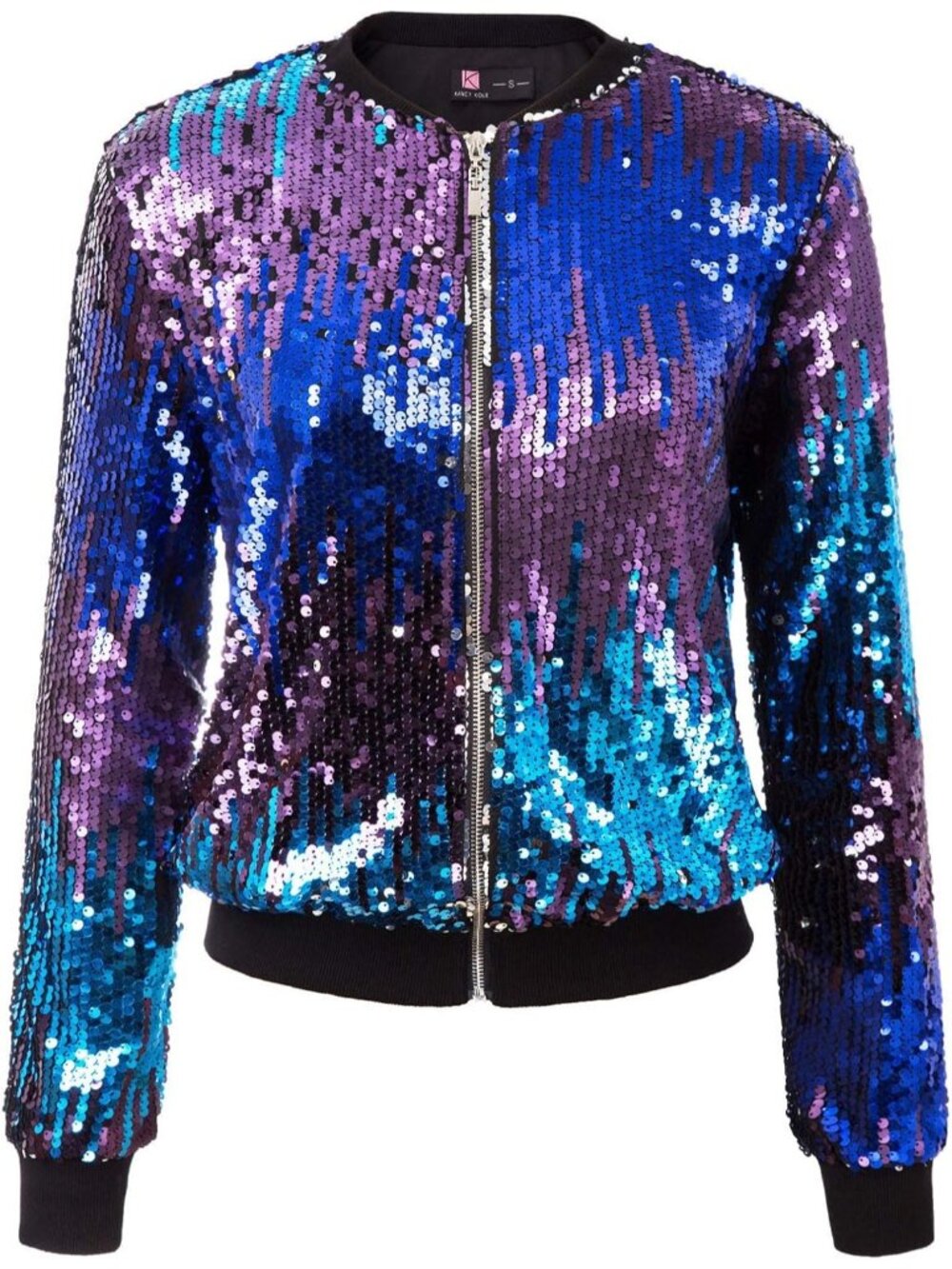 〽️Women’s Blue Sequin Bomber Jacket Long Sleeve Zip Up Party Sparkle Blazer